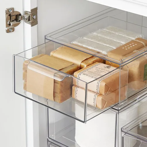 Miniatura 7 de mDesign - Contenedores organizadores de almacenamiento apilables de plástico para baño con cajón frontal extraíble para encimera de baño, tocador