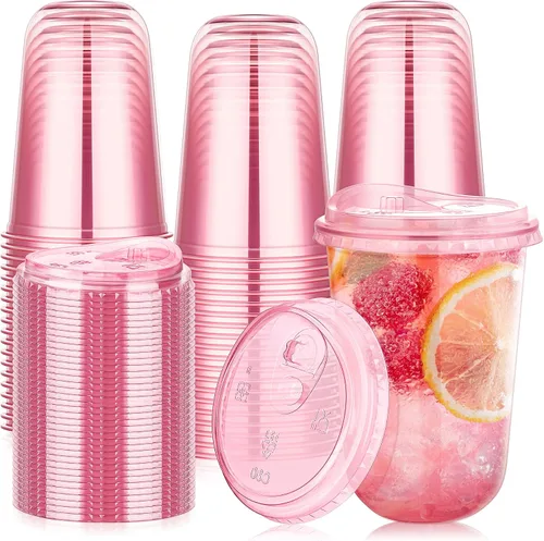 Miniatura 9 de KesaPlan Paquete de 50 vasos de plástico azul de 12 onzas con tapas para sorber, vasos de vino desechables sin popote para café helado, cócteles