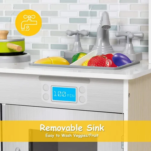 Miniatura 8 de OLAKIDS - Juego de cocina para niños, cocina de madera para niños pequeños con sonidos reales, estufa, microondas, horno, fregadero, gabinete