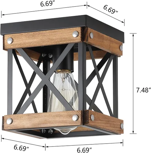 Miniatura 4 de Lámpara de techo rústica de madera de granja, jaula cuadrada de madera de roble y metal, pequeña lámpara de techo semiempotrada para cocina