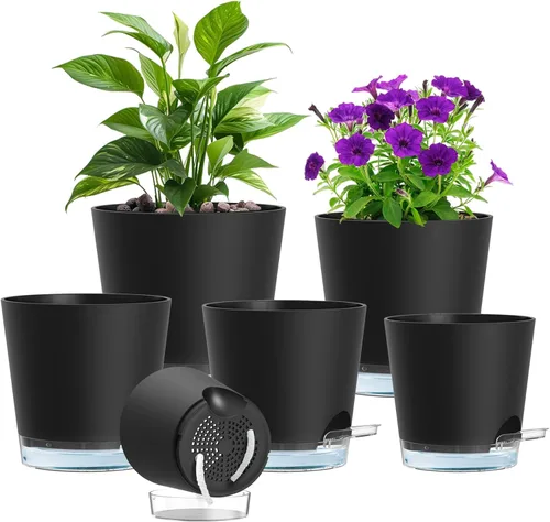 Miniatura 13 de Meowell Macetas de riego automático de 5 pulgadas para plantas de interior, paquete de 5 macetas pequeñas con agujeros de drenaje y depósito