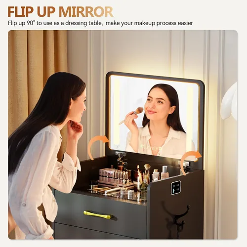 Miniatura 3 de Escritorio de tocador 3 en 1 con espejo abatible y luces, mesa de tocador de maquillaje con parte superior de vidrio con estación de carga, tocador