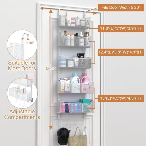 Miniatura 3 de VyGrow Organizador Sobre la Puerta, Organizador de Puerta de Metal Colgante con 5 Cestas Ajustables y Gancho para Abrigos, Almacenamiento Detrás