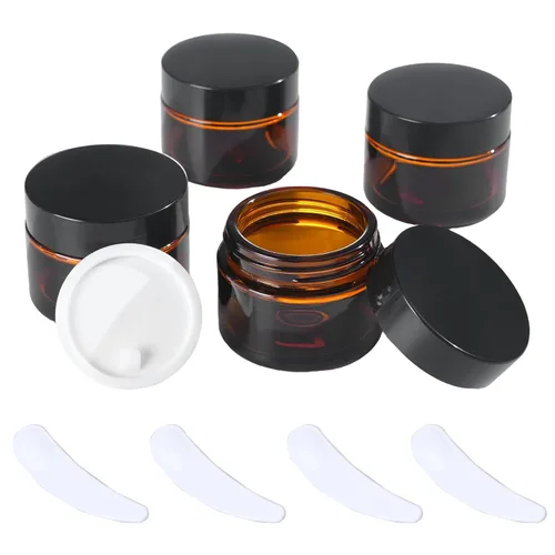 2oz Frasco de vidrio ámbar de tamaño para viajes, 4 piezas de envases vacíos para loción cosmética con tapa negra y espátula, frasco mini pequeño