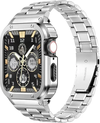 MioHHR - Correa de acero inoxidable para reloj con estuche compatible con Apple Watch Series 6 5 4 SE3/2/1 (44 mm) Series 3/2/1 (42 mm), correa