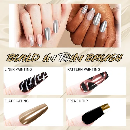 Miniatura 5 de Juego de esmaltes de gel de pintura de espejo metálico de 4 x 0.4 fl oz, esmalte de uñas de gel pintado con efecto cromado espejo, gel de dibujo