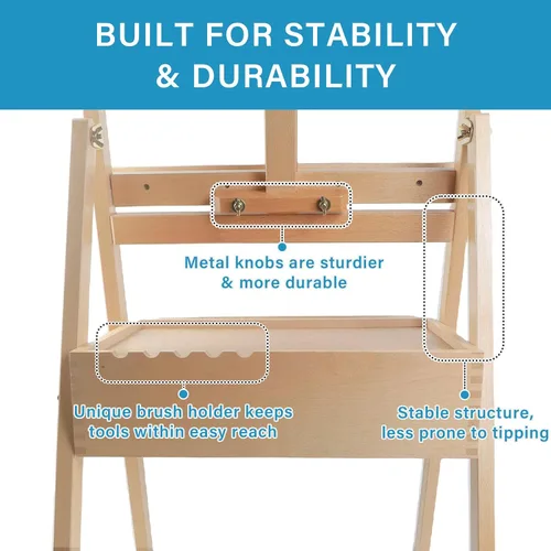 Miniatura 5 de Caballete de Estudio Grande de Madera con Marco en H, Soporte de Caballete de Haya Maciza con Cajón de Almacenamiento, Altura Ajustable a 34