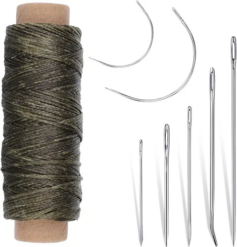 Pimoys Hilo Encerado de 55 Yardas con 7 Agujas de Cuero para Costura a Mano Hilo Encerado Plano 150D Agujas de Reparación de Cuero para Coser Verde