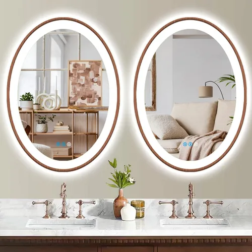 Miniatura 7 de Espejo de madera ovalado LED de 20 x 30 pulgadas con marco de madera clara, espejo de tocador iluminado ovalado con luces para baño, memoria 30 x 20