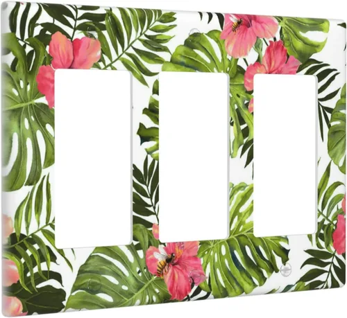 Miniatura 71 de Cubierta de placa de pared con palmera verde de planta tropical, cubierta de interruptor de luz de 1 cuadrilla, hojas de plátano, flores rosas
