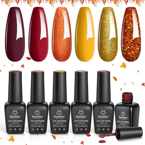 Miniatura 8 de Beetles - Juego de esmalte de uñas en gel otoñal, 6 colores, burdeos, marrón, amarillo, con purpurina, naranja, dorado, para uso con lámpara UV/LED