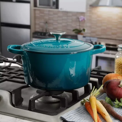 Miniatura 5 de Crock-Pot Artisan - Horno holandés redondo de hierro fundido esmaltado de 5 cuartos de galón, color verde azulado degradado, utensilio de cocina