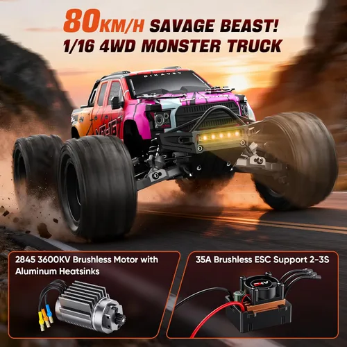 Miniatura 2 de 1/16 80km/h Camión RC sin escobillas 4WD, Coches de control remoto todo terreno actualizables con batería 3S, Camión RC todoterreno rápido Rojo