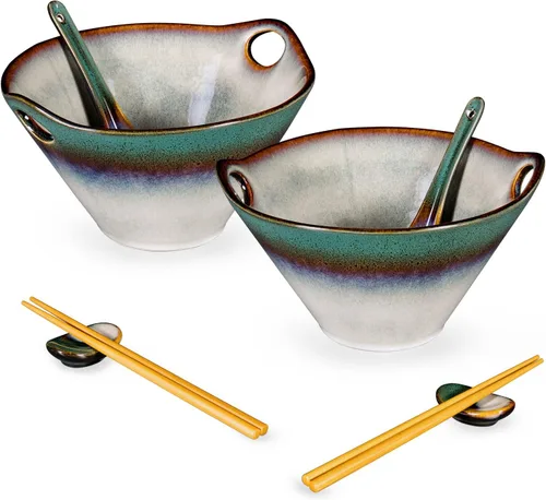 Miniatura 10 de Tazones grandes para servir ensalada, sopa, ramen, 71 OZ tazones de cerámica japoneses para fideos ramen con palillos, cucharas y soportes