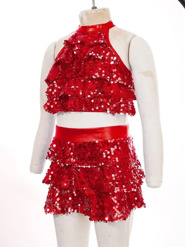 Miniatura 63 de JEATHA Top corto con borlas y lentejuelas brillantes para niñas, con minifalda, jazz latino, salsa, samba, rumba, baile
