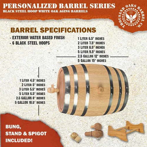 Miniatura 4 de Dispensador personalizado de barril de vino de roble de 5 litros (1 galón) con soporte de madera, bung y espiga, mini barriles de envejecimiento