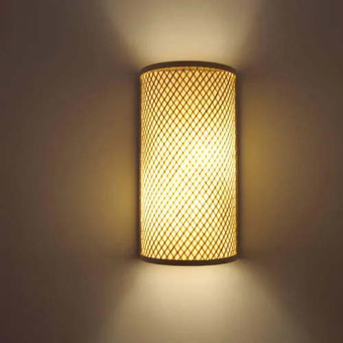 Elegantes apliques de pared de bambú de 2 luces para pasillo de bambú con forma de cilindro de luz vintage en color beige