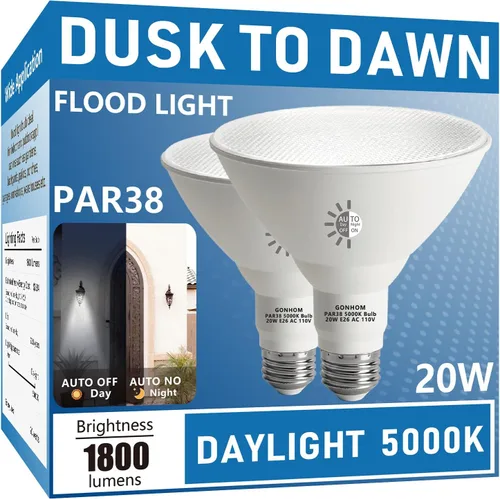 Gonhom Par38 Bombillas LED de luz de inundación del atardecer al amanecer para exteriores, 20 W de reemplazo de hasta 200 W, 1800 lúmenes, base E26