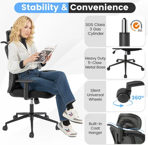 Miniatura 9 de COSTWAY Silla de oficina de malla, sillas ergonómicas de escritorio para computadora con reposacabezas 3D, reposabrazos ajustables y soporte lumbar