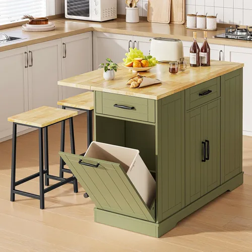 Miniatura 10 de ONBRILL Islas de Cocina Estacionarias Incluyen 2 Sillas, Isla de Cocina de 47" con Hoja Abatible, Mesa de Bar para el Hogar con Estante de Especias