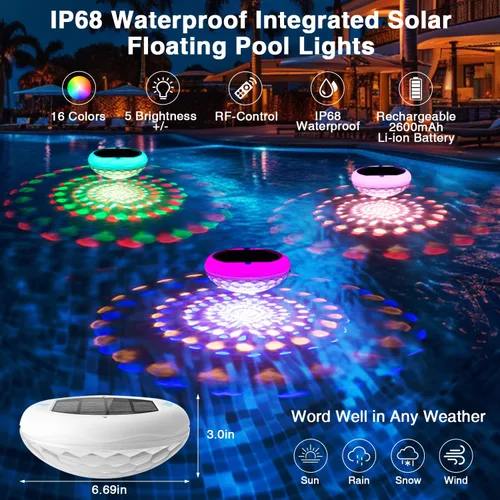Miniatura 5 de QOLNBY Luces solares flotantes para piscina, recargables por USB, 2600 mAh, luces de piscina con control remoto, 6.69 pulgadas, IP68, impermeable, 2
