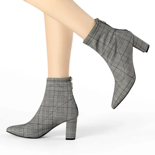 Miniatura 3 de Allegra K Botines de tacón grueso con cremallera y punta puntiaguda para mujer
