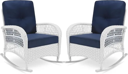 Miniatura 26 de VIVIJASON Mecedora de mimbre para exteriores, silla mecedora de ratán para patio con cojines y marco de acero, muebles de mimbre mecedores