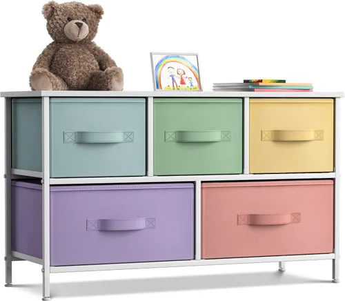 Miniatura 13 de Sorbus Cómoda Infantil con 5 Cajones - Unidad Organizadora de Almacenamiento con Marco de Acero, Parte Superior de Madera, Cajones de Tela Fáciles