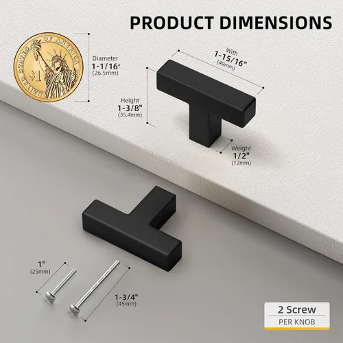 Miniatura 3 de Goldenwarm Paquete de 10 pomos negros para gabinetes, pomos cuadrados mate para armarios, barra en T moderna, herrajes negros para tiradores