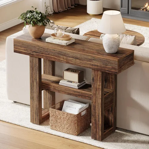 Miniatura 3 de Tribesigns Mesa consola de granja de 41.34 pulgadas, mesa de sofá estrecha de 2 niveles detrás del sofá, muebles de entrada con estantes de Marrón