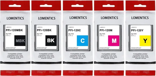 PFI120 Depósito de tinta de 4.4 fl oz (paquete de 5, negro mate, cian, magenta, amarillo, negro) Lometic compatible con PFI120MBK PFI120BK PFI120C