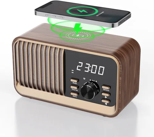 MONODEAL Radio despertador con carga inalámbrica rápida, compatible con Bluetooth 5.3/radio FM/puerto USB/tarjeta TF/entrada auxiliar, altavoz de