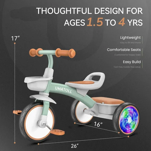 Miniatura 9 de Umatoll Triciclo para Niños Pequeños para niños y niñas de 18 meses a 4 años, juguetes de bicicleta para niños pequeños con asiento ajustable