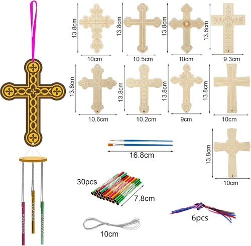 Miniatura 7 de Fennoral Paquete de 9 carillones de viento cruzados para niños, hazte dueño de la escuela dominical, manualidades para niños de madera para pintar