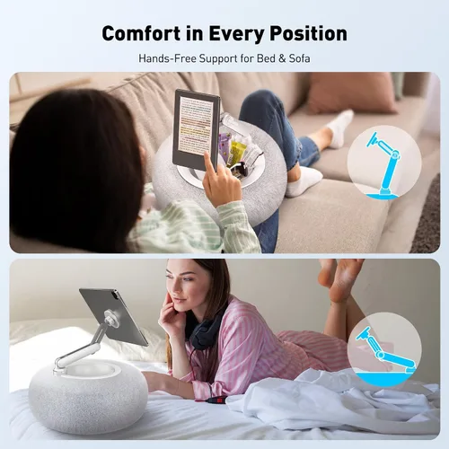 Miniatura 2 de AboveTEK Soporte de almohada Kindle, soporte magnético para iPad para cama con cuenco de aperitivo, almohada suave ajustable de 360° para leer, Gris