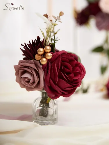 Miniatura 6 de Serwalin Flores de seda, flores artificiales burdeos para decoración de boda, rosas falsas rosas rosas y rojas con tallos y caja de vegetación, A