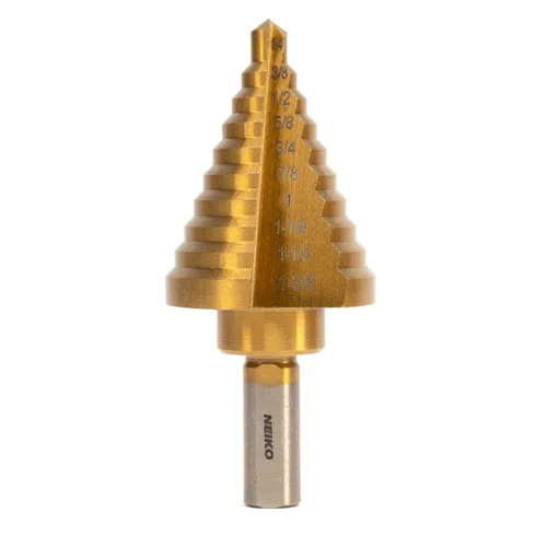 Miniatura 36 de NEIKO 10602A Step Drill Bit, 13 Steps 1/8" to 1/2" Spiral High Speed Steel, Titanium Nitride Coated, 1/4" Quick Change Step Bits for Steel, Metal