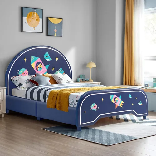 Miniatura 13 de Costzon Armazones de Cama Individual para Niños, Plataforma de Cama Individual Tapizada de Madera con Soporte de Listones, Cabecera y Pie de Cama