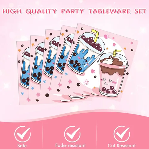 Miniatura 4 de Boba Tea Party Decor Bubble Tea Birthday Vajilla desechable para fiesta, platos y servilletas, juego de mantel para decoración de cumpleaños