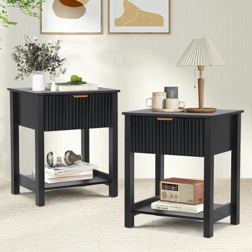 Miniatura 10 de Mesita de noche moderna de mediados de siglo con cajón, mesita de noche negra para dormitorio, mesa auxiliar pequeña con almacenamiento, mesa