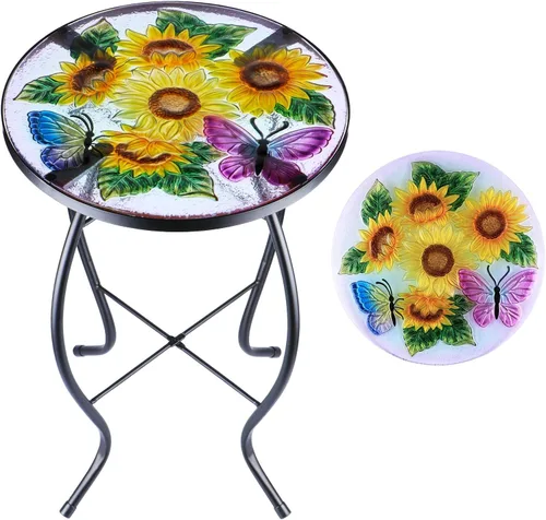 MUMTOP Mesa auxiliar para exteriores, mesa de patio, mosaico, café, mesa auxiliar de cristal, mesa redonda de 14 pulgadas, soporte para plantas