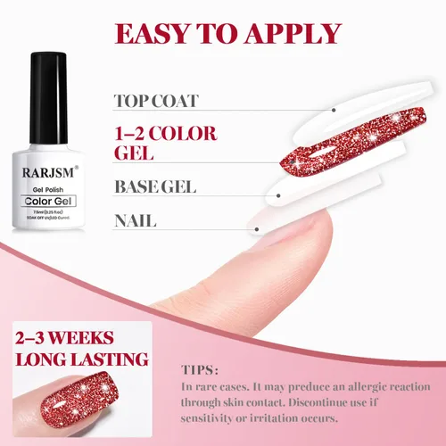 Miniatura 6 de RARJSM Esmalte de uñas de gel con purpurina roja reflectante holográfica, destellos de arco iris, diamantes brillantes, LED, UV, secado con lámpara