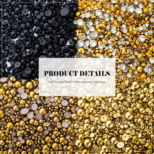 Miniatura 5 de Kit de perlas y diamantes de imitación con parte trasera plana de oro negro, 3929 unidades, diamantes de imitación de resina de tamaño mixto