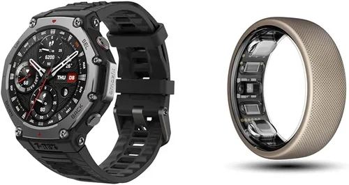 Paquete de Amazfit T-Rex 3 resistente reloj inteligente militar negro + anillo inteligente Amazfit Helio, rastreador de fitness portátil (talla 12)
