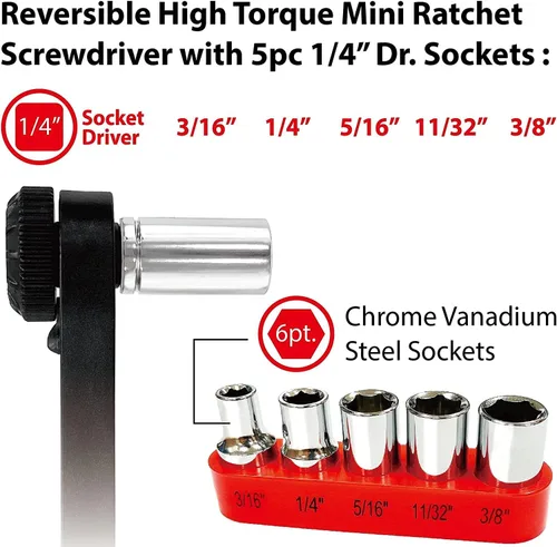 Miniatura 7 de BIG RED BHT-17HTRS01R Torin Mini Juego de destornilladores de trinquete de 36 dientes, reversible súper alto par de torsión de 1/4 de pulgada