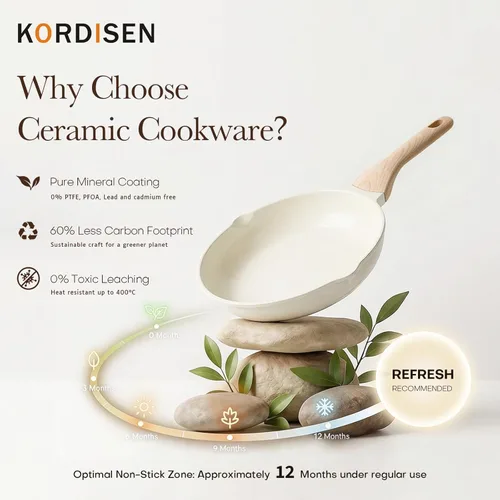 Miniatura 4 de Kordisen Sartén de cerámica antiadherente, sartén grande de cerámica de 12.5 pulgadas, sartén de cocina saludable y no tóxica, mango que se mantiene