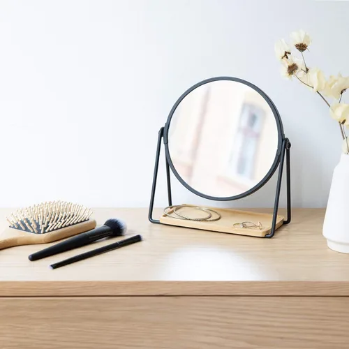 Miniatura 2 de Navaris Espejo de tocador con bandeja, espejo de maquillaje de doble cara con aumento 1x/2x y base de bambú, para baño, dormitorio, escritorio
