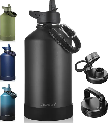Miniatura 10 de CIVAGO Botella de agua aislada de 22 onzas con pajita, frasco de agua deportiva de acero inoxidable con 3 tapas