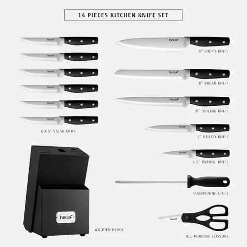 Miniatura 2 de hecef Juego de cuchillos de cocina, juego de cuchillos de 14 piezas con bloque de madera y afilador de acero y tijeras multiusos, juego de cubiertos