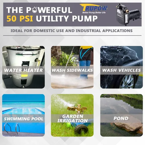 Miniatura 6 de Trupow 1/2HP 1450 GPH, bomba portátil eléctrica de transferencia de agua. Bomba de hierro multiuso con colador de succión y kits (115 voltios)
